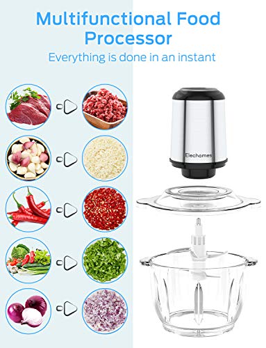 Electric Food Chopper and Meat Processor, Elechomes High Capacity Electrical Meals Chopper &amp; Meat Processor, Elechomes Excessive Capability 8-Cup BPA-Free Glass Bowl Blender Grinders for Onion Nuts, Clear Meals Processing, four Removable Twin Layer S-Blades with Protector, Stainless Metal Physique, Free Backside Anti-Slip Mat.