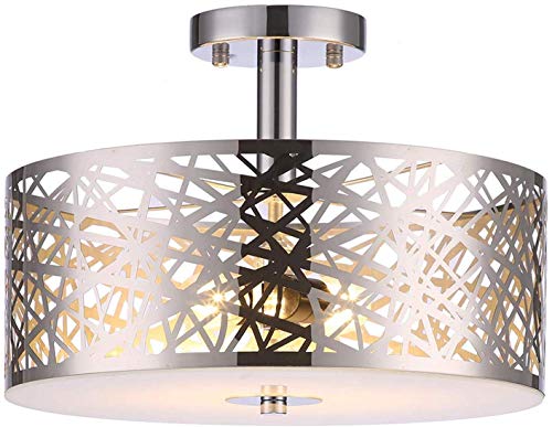 Loclgpm 2 Lights Semi Flush Mount Ceiling Light, Drum Chandelier Fixture with Metal Shade Contemporary, Brushed Nickel Finish Pendant Light for Bedroom,Living Room,Dining Room,Hall
