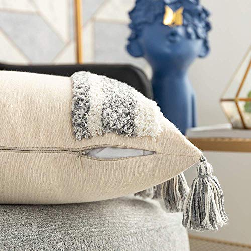 Tiffasea Decorative Throw Pillow Covers Tiffasea Decorative Throw Pillow Covers, 18x18inch Accent Cushion Cover Boho Neutral Tassels Stripe Tufted Tribal Pillow Cases Farmhouse Decor for Couch Living Room Christmas, Gray and White).