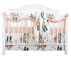 Crib Rail Guard Set Boho Floral Nursery Baby Bedding Ruffled Crib Skirt Crib Rail Cover Set (Ruffle Feather Floral)