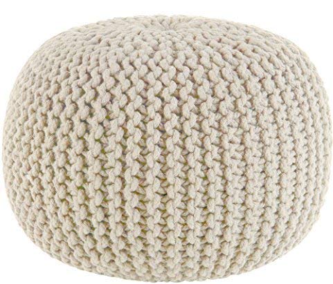COTTON CRAFT - Hand Knitted Cable Style Dori Pouf - Ivory - Floor Ottoman - 100% Cotton Braid Cord - Handmade & Hand Stitched - Truly one of a Kind Seating - 20 Dia x 14 High