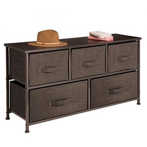 mDesign Extra Wide Dresser Storage Tower - Sturdy Steel Frame, Wood Top, Easy Pull Fabric Bins - Organizer Unit for Bedroom, Hallway, Entryway, Closets - Textured Print - 5 Drawers - Espresso Brown