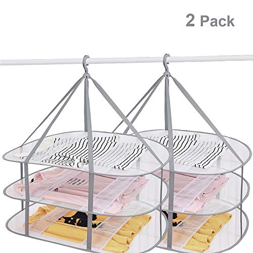 SUNTRY (2 Pack) 3-Tier Folding Clothes Drying Rack, Windproof Foldable Cloth Dryer with Fixing Band, Collapsible Hanging Laundry Rack for Sweater - Outdoor, Indoor, Potable
