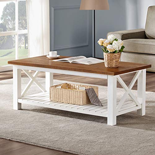 FurniChoi Farmhouse Coffee Table, Wood Rustic Vintage Cocktail Table for Living Room with Shelf, 47 White and Brown