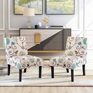 Fabric Accent Chair, Upholstered Armless Chair Single Sofa, Floral Fabric Tufted Club Chair with Solid Wood Legs for Home Living Room Furniture, Easy Assemble (Beige/Floral-Set of 2)