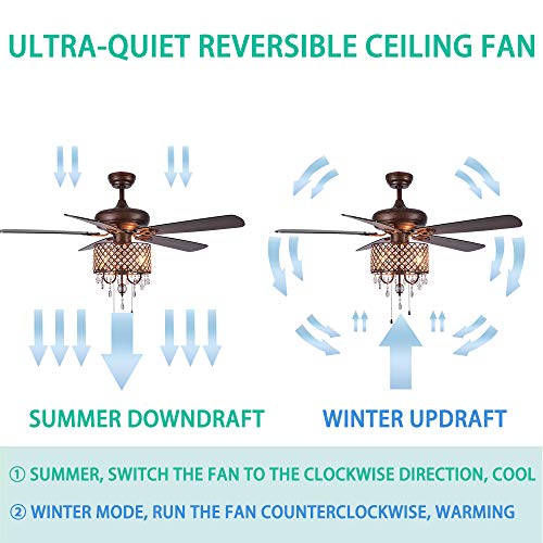 Rustic Ceiling Fan with Crystal Light Home Indoor Quiet Fan Light Rustic Ceiling Fan with Crystal Gentle Dwelling Indoor Quiet Fan Gentle Reversible Wooden Blades Ceiling Fan Chandelier Bed room Dwelling Room Household Excellent Crystal Fan Gentle, New Bronze, 52-Inch.