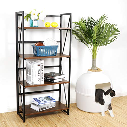 ZenStyle 4 Tier Bookshelf No-Assembly Folding Book Case Home Office Storage Ladder Shelf Industrial Standing Bookcase Organizer Book-Shelf Rack