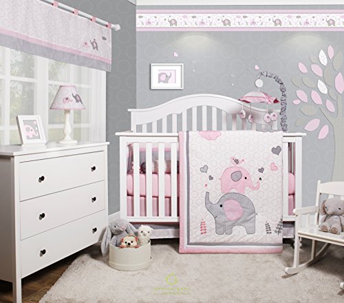 GEENNY OptimaBaby Pink Grey Elephant 6 Piece Baby Girl Nursery Crib Bedding Set