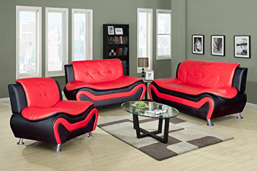 Beverly Fine Furniture Aldo ((3 Piece) Modern Sofa Set, Black/Red