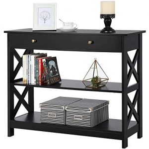 Yaheetech Console Sofa Table Classic X Design with Drawer and 3 Tier Storage Shelves - Entryway Hall Table Bookshelf Display Rack for Living Room Office Furniture