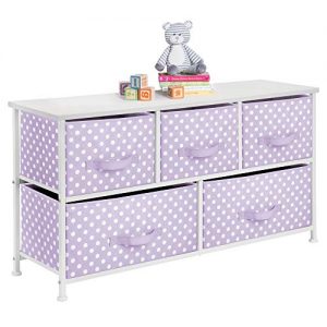 mDesign 5-Drawer Dresser Storage Unit - Sturdy Steel Frame, Wood Top and Easy Pull Fabric Bins in 2 Sizes - Multi-Bin Organizer for Child/Kids Bedroom or Nursery - Light Purple with White Polka Dots