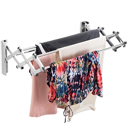 Bartnelli Accordion Wall Mounted Drying Rack | 5 Smooth Round Stainless Steel Rods | 11 Linear Feet Capacity | Compact Sleek Design | 45 lb Capacity