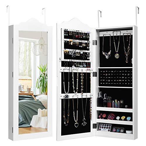 Giantex Wall Door Mounted Jewelry Armoire with Full Length Mirror, Bedroom Bathroom Hanging Jewelry Cabinet Chest with 56 Ring Slots 23 Necklace Hooks 72 Ring Slots Deep Storage Organizer, White