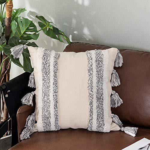 Tiffasea Decorative Throw Pillow Covers, 18x18inch Accent Cushion Cover Boho Neutral Tassels Stripe Tufted Tribal Pillow Cases Farmhouse Decor for Couch Living Room Christmas, Gray and White)