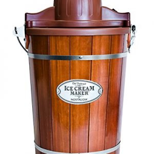 Nostalgia Electric Bucket Ice Cream Maker With Easy-Carry Handle, Makes 6-Quarts in Minutes, Frozen Yogurt, Gelato, Made From Real Wood, Brown