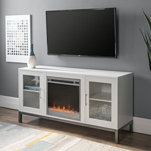 Walker Edison Furniture Company Modern Glass and Wood Fireplace Universal Stand with Open TV's up to 58" Flat Screen Living Room Storage Entertainment Center, White