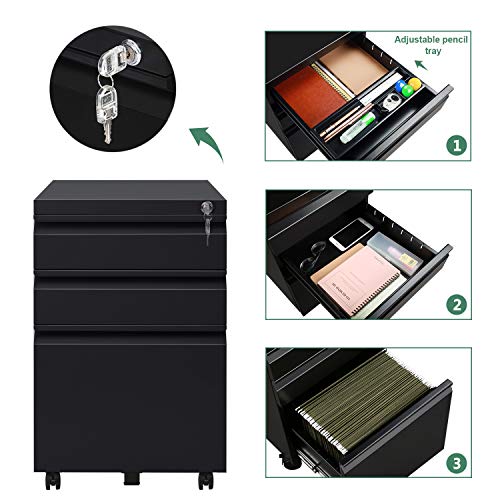 DEVAISE 3 Drawer Mobile File Cabinet with Lock DEVAISE 3 Drawer Mobile File Cabinet with Lock, Metal Filing Cabinet Legal/Letter Size, Fully Assembled Except Wheels, Black.