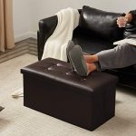 YOUDENOVA 30 inches Folding Storage Ottoman, 80L Storage Bench for Bedroom and Hallway, Faux Leather Brown Footrest with Foam Padded Seat, Support 350lbs