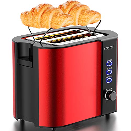 2 Slice Toaster, LOFTer Stainless Steel Bread Toasters Best Rated Prime with Warming Rack, Extra Wide Slots Small Toaster, 6 Bread Shade Settings, Defrost/Reheat/Cancel Function, Removable Crumb Tray, 800W, Red