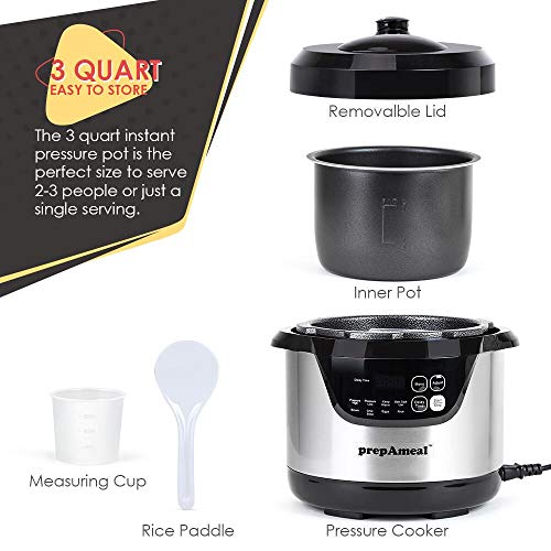 prepAmeal 3 Quart Electric Pressure Cooker 8-IN-1 Multi-Use prepAmeal Three Quart Electrical Stress Cooker 8-IN-1 Multi-Use Programmable On the spot Cooker Electrical Stress Pot with Excessive &amp; Low Stress Cooker, Gradual Cooker, Rice Cooker, Steamer, Sauté, Brown and Hotter.