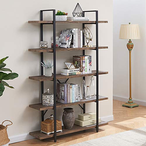 Superjare 5-Shelf Industrial Bookshelf, Open Etagere Bookcase with Metal Frame, Rustic Book Shelf, Storage Display Shelves, Wood Grain - Vintage Brown