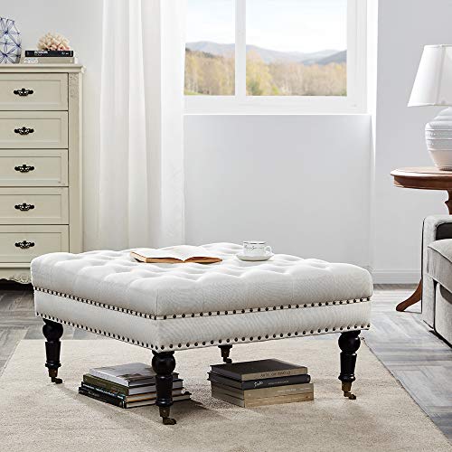 BELLEZE Ottoman 33" Foot Rest Bench with Rolling Wheels Upholstered Padded Cushion Stylish Button Tufted Fabric, Beige