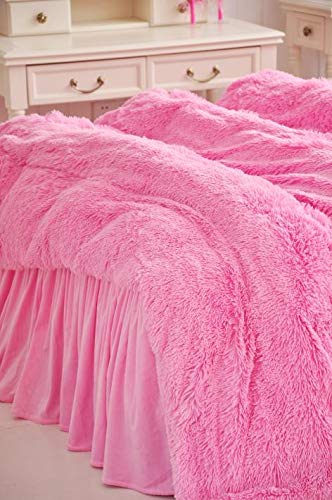 4 PCS Faux Fur Bedding Set, 1 Soft Plush Shaggy Duvet Cover four PCS Fake Fur Bedding Set, 1 Tender Plush Shaggy Quilt Cowl + 1 Flannel Mattress Sheet Skirt + 2 Fluffy Furry Sherpa Pillowcases, Luxurious Cozy Ornamental Residence Bed room, Zipper &amp; Ties, Straightforward Care (Pink, Queen).