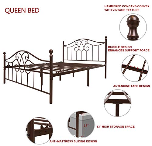 Vintage Sturdy Steel Bed Frame Queen Size - Ideal for Cozy Bedrooms, No Box Spring Needed, Antique Brown Finish As a delighted owner of the Vintage Sturdy Steel Bed Frame Queen Size, I can confidently attest to its secure construction and humanized design. The steady metallic structure provides unparalleled durability, complemented by anti-scratch foot covers that protect the floor and an anti-slip design to prevent any unwanted movement. The assembly process was a breeze, and the noise-resistant tape ensures peaceful nights. With ample space underneath, it's a perfect solution for storage without compromising style. The Vintage Sturdy Steel Bed Frame effortlessly combines practicality with a touch of vintage charm.