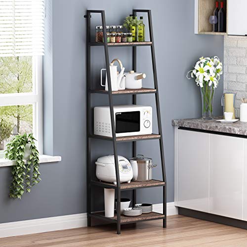 O&K FURNITURE 5-Shelf Ladder Bookcase, Leaning Bookcases and Book Shelves, Industrial Rustic Bookshelf, Home Office Etagere Bookcase-Height: 72”H, Gray-Brown Finish (1-pc)