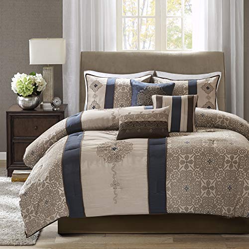 Madison Park Donovan Cal King Size Bag-Taupe, Navy, Jacquard Pattern – 7 Pieces Bedding Sets – Ultra Soft Microfiber Bedroom Comforters