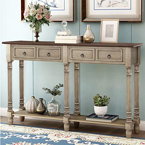 P PURLOVE Console Table Sofa Table with Storage for Entryway with Drawers and Shelf Rectangular Living Room Table (Distressed Gray)