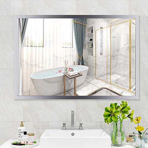 WATERJOY Large Framed Rectangular Bathroom Mirror, Sliver Vanity Glass Wall Make-up Mirror, 36"x24" (Stainless Steel)
