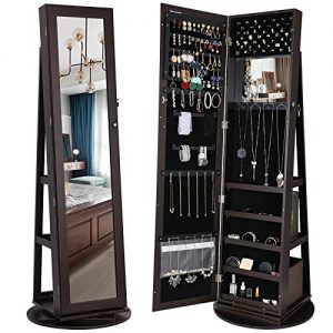 SONGMICS 360° Rotatable Jewelry Organizer Cabinet Armoire, Lockable, Higher Mirror, Brown UJJC62BR