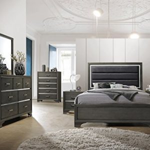 Kings Brand Furniture – 6-Piece Gray Wood with Faux Leather Headboard King Bedroom Set. Bed, Dresser, Mirror, Chest, 2 Night Stands