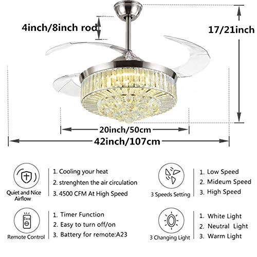 Fandian 42" Crystal Ceiling Fan with Light Remote Control Fandian 42" Crystal Ceiling Fan with Mild Distant Management Retractable Blades three Speeds three Colour Modifications Lamp Ceiling Chandelier Fixturea, Silent Motor With LED Lighting Board Included,Brushed Silver.