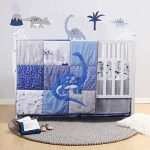 Dinosaur Crib Bedding Set | Navy/Blue/Grey with Embroidery | 3 Piece Nursery Set for Boys Includes Crib Comforter, Fitted Crib Sheet, Crib Skirt