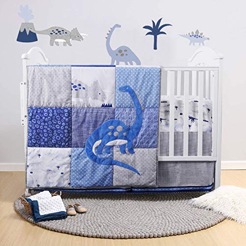 Dinosaur Crib Bedding Set | Navy/Blue/Grey with Embroidery | 3 Piece Nursery Set for Boys Includes Crib Comforter, Fitted Crib Sheet, Crib Skirt