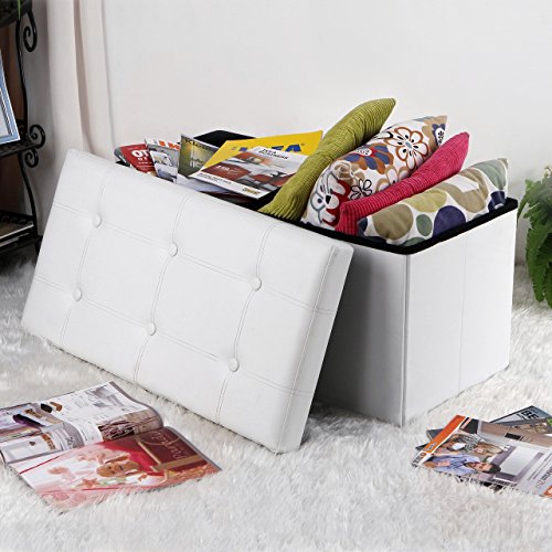 SONGMICS 30 Inches Faux Leather Folding Storage Ottoman Bench SONGMICS 30 Inches Faux Leather Folding Storage Ottoman Bench, Storage Chest Footrest Coffee Table Padded Seat, White.