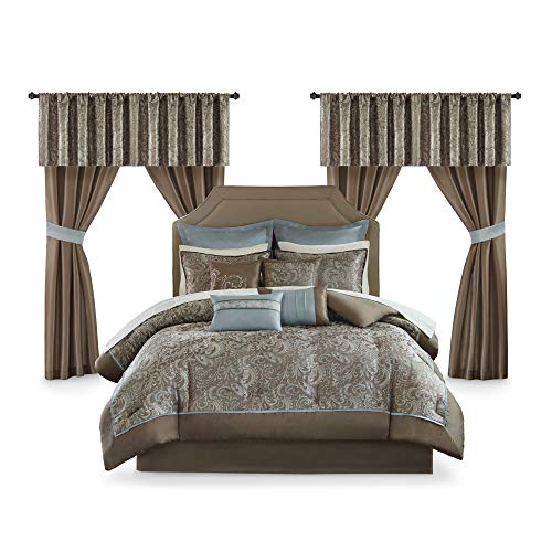 Madison Park Essentials Brystol 24 Piece Room in a Bag Madison Park Necessities Brystol 24 Piece Room in a Bag Fake Silk Comforter Jacquard Paisley Design Matching Curtains - Down Various Hypoallergenic All Season Bedding-Set, Queen, Blue.
