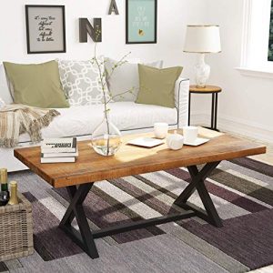 P PURLOVE Wood Coffee Table Easy Assembly Farmhouse Wood Table 47" Rustic Industrial Coffee Table Rectangle Coffee Table for Living Room with X-Shaped Metal Frame