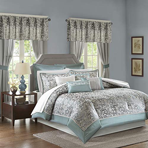 Madison Park Essentials Brystol 24 Piece Room Madison Park Necessities Brystol 24 Piece Room in a Bag Fake Silk Comforter Jacquard Paisley Design Matching Curtains - Down Various Hypoallergenic All Season Bedding-Set, King, Teal.