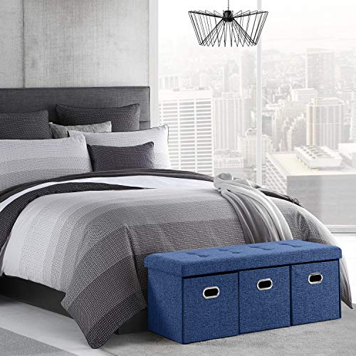 Ornavo Home Foldable Tufted Linen Large Bench Storage Ornavo Home Foldable Tufted Linen Large Bench Storage Ottoman Foot Rest Stool/Seat with 3 Drawer Cubes - 15" x 45" x 15" (Navy).