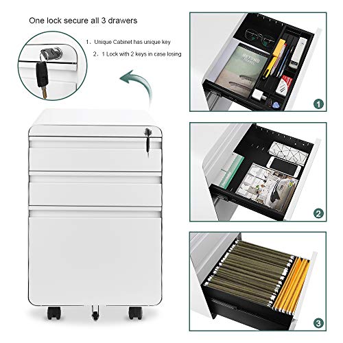 Dprodo 3 Drawers Mobile File Cabinet with Lock Dprodo 3 Drawers Mobile File Cabinet with Lock, Metal Filing Cabinet for Legal &amp; Letter Size, Fully Assembled Locking File Cabinet for Home &amp; Office,White.