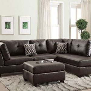 Poundex F6973 Bobkona Viola Faux Leather Left or Right Hand Chaise Sectional Set with Ottoman (Pack of 3), Espresso