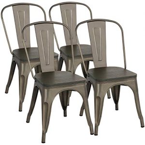 Yaheetech Metal Dining Chairs with Wood Seat/Top Stackable Side Chairs Kitchen Chairs with Back Indoor-Outdoor Classic/Chic/Industrial/Vintage Bistro Café Trattoria Kitchen Gun Metal, Set of 4