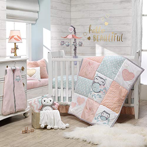 Lambs & Ivy Sweet Owl Dreams Pink Heart Nursery 6-Piece Baby Crib Bedding Set
