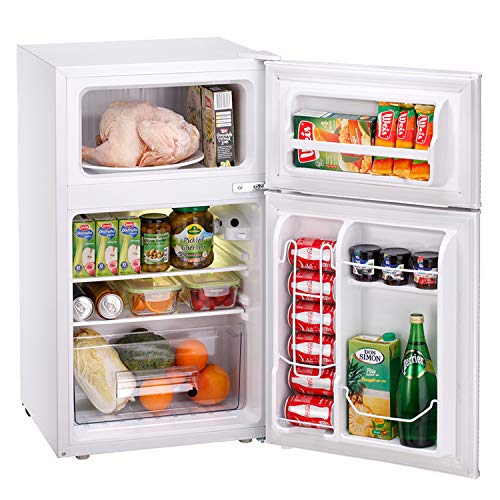 3.2 CU. FT Compact Refrigerator with Handle MIni Fridge Chiller 3.2 CU. FT Compact Refrigerator with Handle MIni Fridge Chiller and Freezer Compartment with Removable Glass Shelves Small Drink Food Storage Machine for Office, Dorm, Apartment, Bedroom(Ivory white).