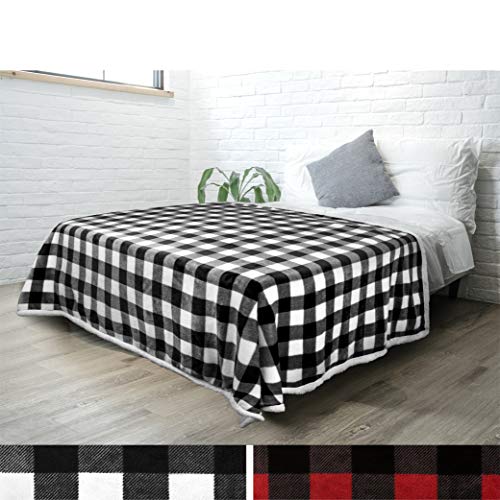 PAVILIA Buffalo Check Sherpa Fleece Blanket | Black White Checkered Flannel Throw Blanket | Plaid Warm Plush Microfiber Blanket for Bed Couch Sofa | 60x80 Inches