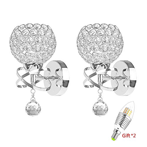 2 Pack Modern Style Decorative Crystal Wall Lights,ONEVER Bedside Wall Lamp Sconce for DIY Home Decor with E14 Socket Bulb Included as Gift (Silver)