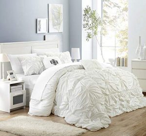 Chic Home Halpert 6 Piece Comforter Set Floral Pinch Pleated Ruffled Designer Embellished Bed Skirt, King, White